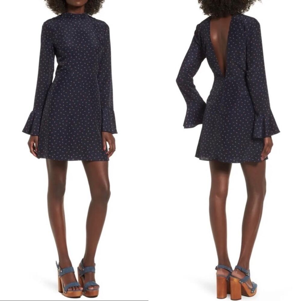 J.O.A. High Neck Fit & Flare Dress Navy Red Mock Neck Bell Sleeve Size Small